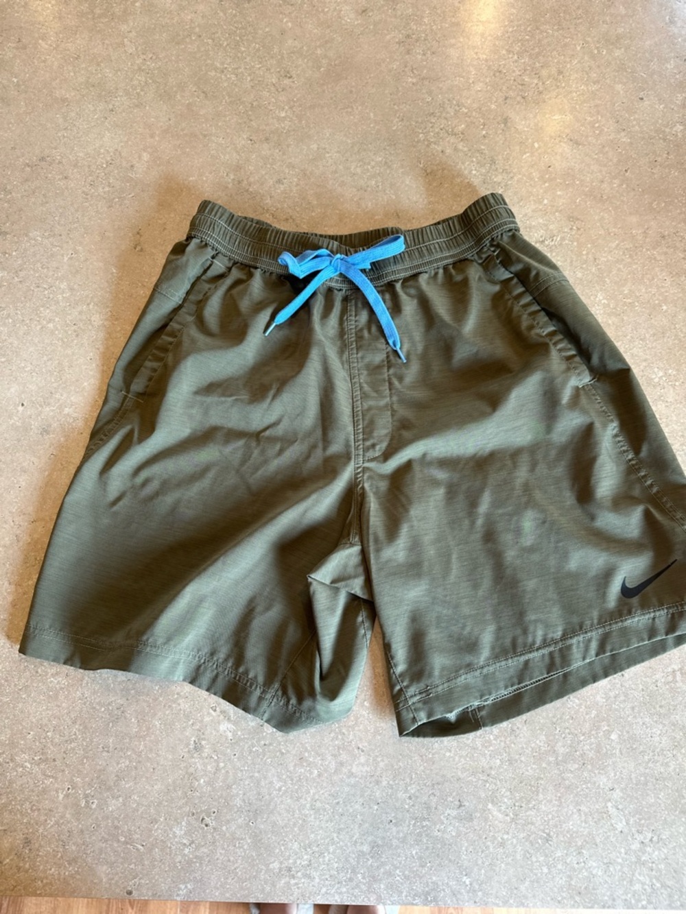 Nike Men’s Olive Green Shorts with Blue Drawstring